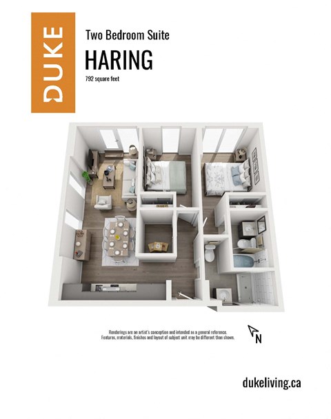 Floor plan for 2 beds, 2 baths, 792 sqft